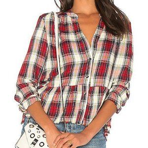 Spendid, Red Plaid Button Down Top w/ Fray Edges, Ruffle Hem, M,